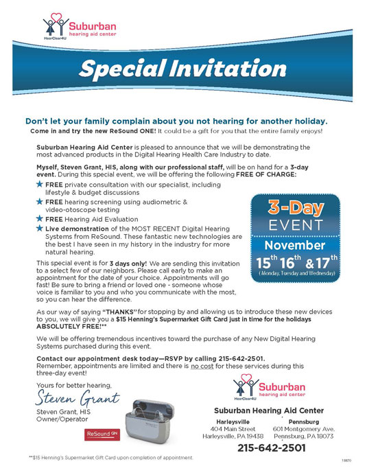 Limited Time Offer - November 15-17, 2021 - Suburban Hearing Aid Center